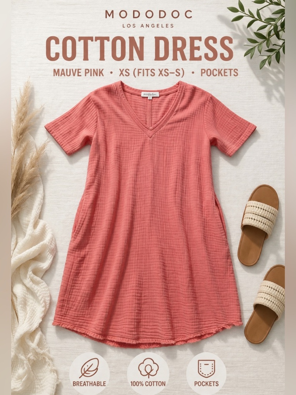 Mododoc LA Mauve Pink Cotton Dress XS V-Neck Pocket Casual